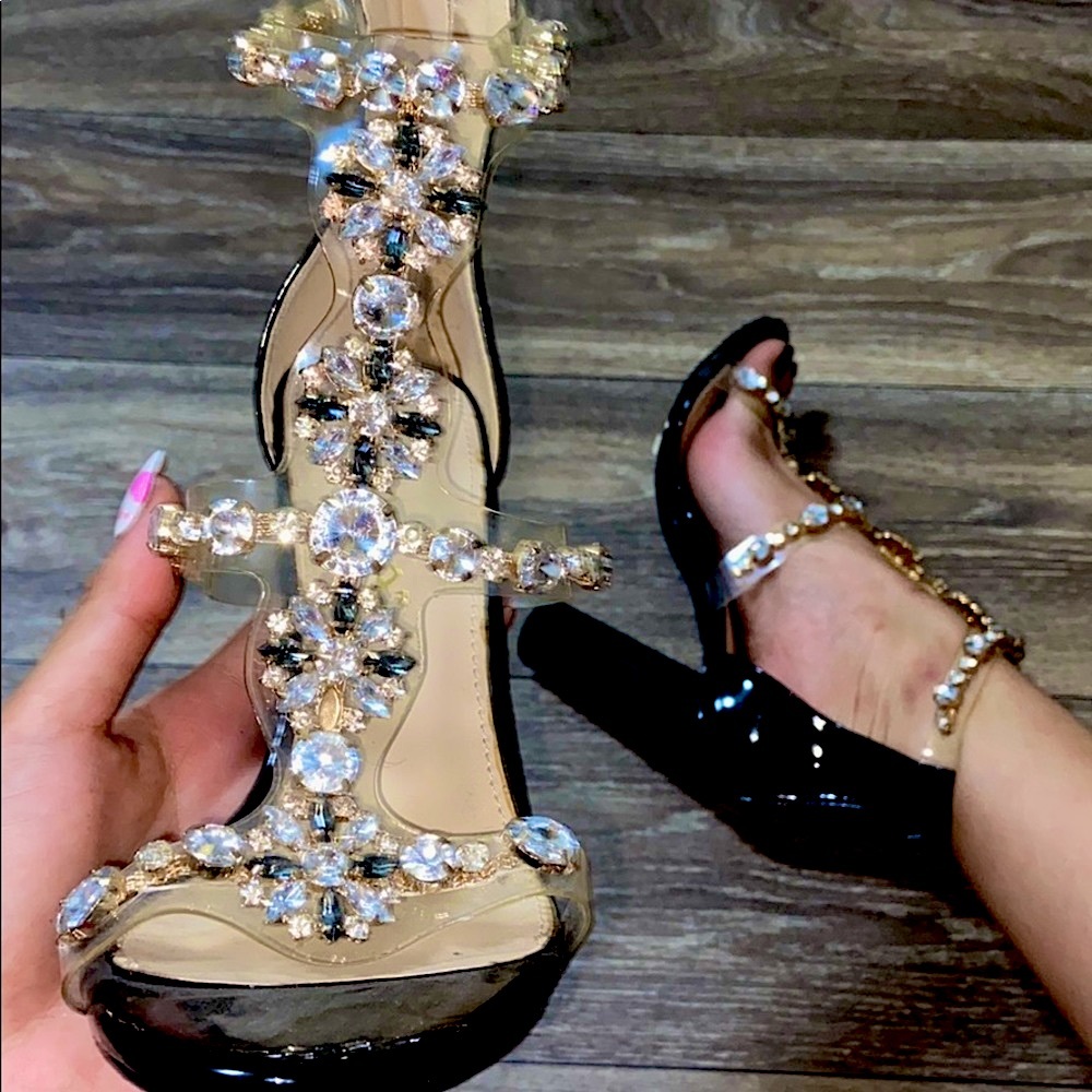 Liliana Clear Jewel Lucite Strappy Chunky Heel